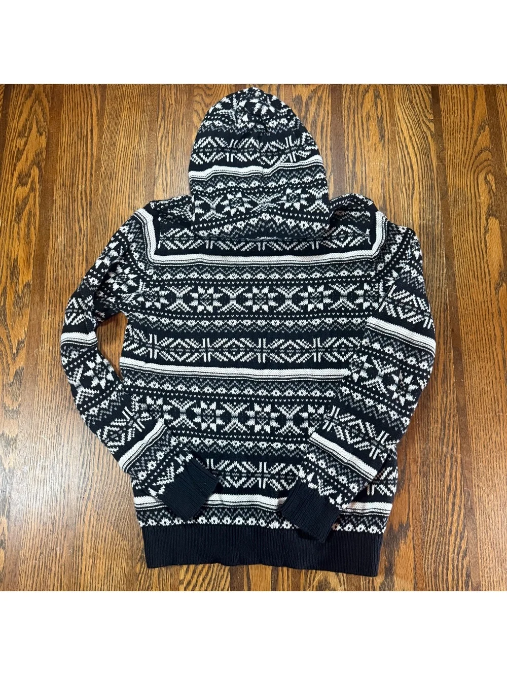 Old Navy Boys Fair Isle Sweater Knit Pullover Hoodie Black White Size 10